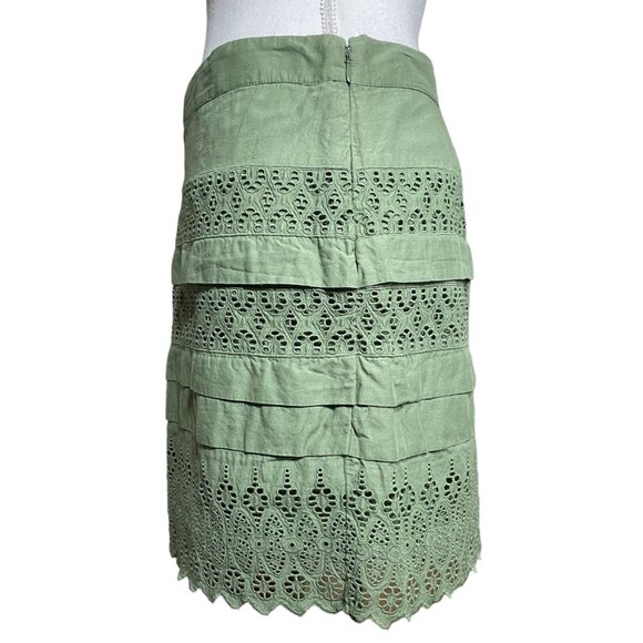 Eyelet Layered Mini Skirt 4 Miniskirt Sage Green Embroidered Broderie Scalloped - Picture 7 of 12